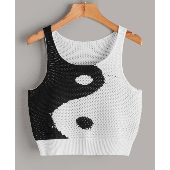 Y2K 90s Yin Yang Knit Tank Top Black / White Sleeveless Sizes S-L Availble - Picture 1 of 5